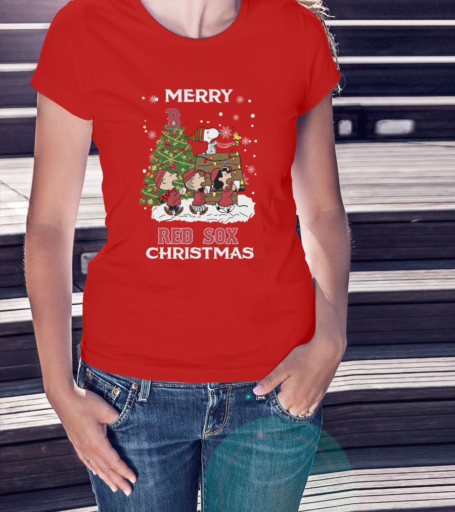 Merry Red Sox Christmas Tree With Snoopy And Friends T-Shirt