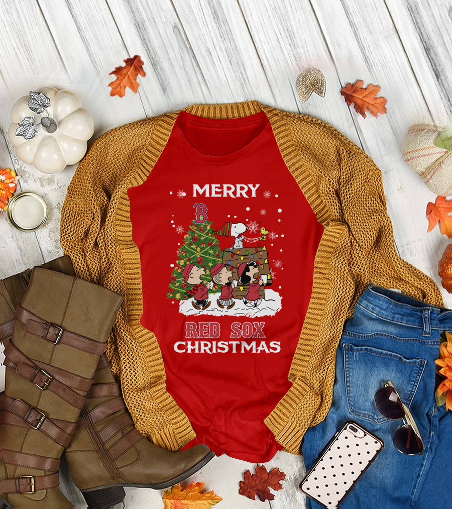 Merry Red Sox Christmas Tree With Snoopy And Friends T-Shirt
