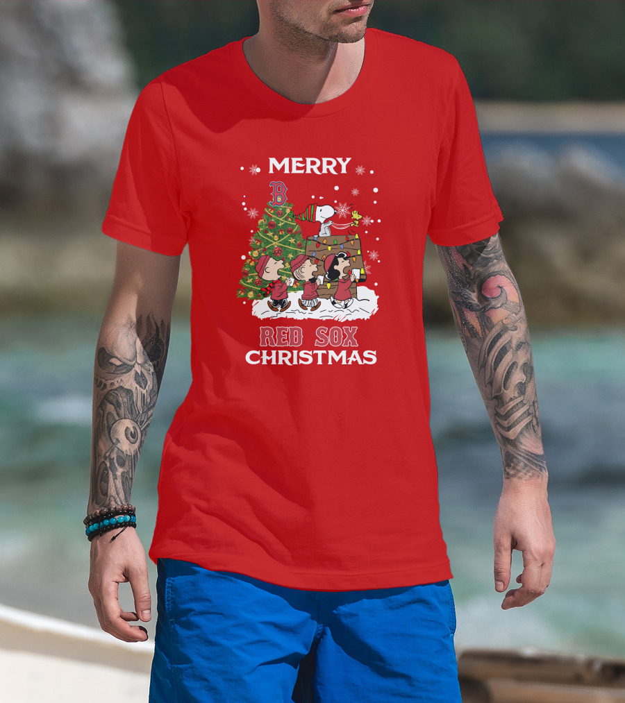 Merry Red Sox Christmas Tree With Snoopy And Friends T-Shirt
