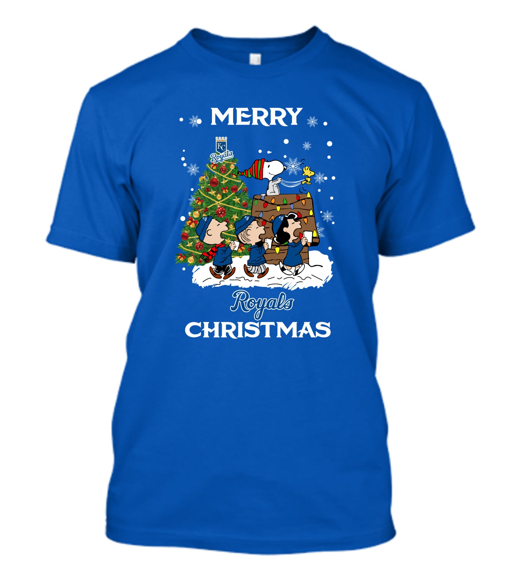 Kansas City Royals Merry Christmas Tree With Snoopy And Peanuts Characters T-Shirt
