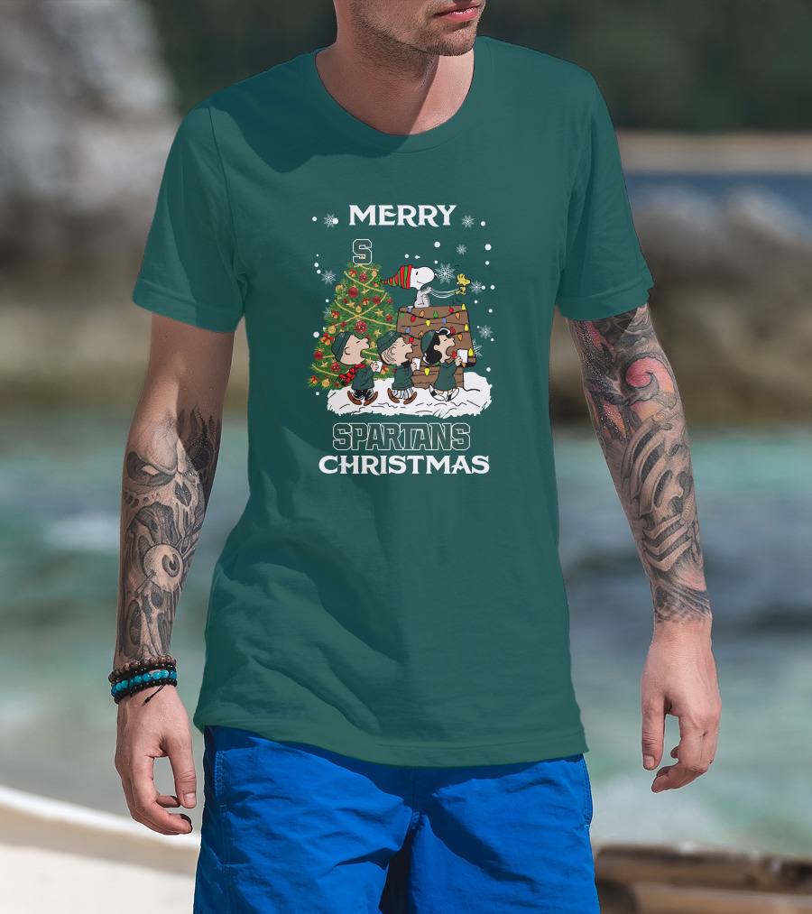Merry Spartans Christmas Michigan State Peanuts Christmas Tree T-Shirt