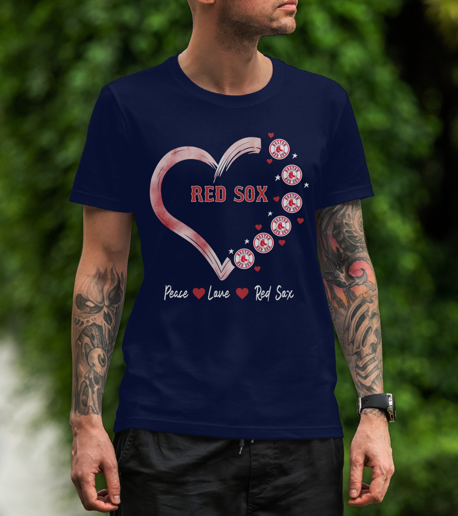 Peace Love Red Sox Heart With Boston Red Sox Logos And Stars T-Shirt