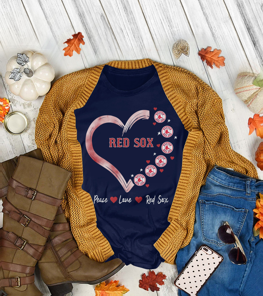 Peace Love Red Sox Heart With Boston Red Sox Logos And Stars T-Shirt