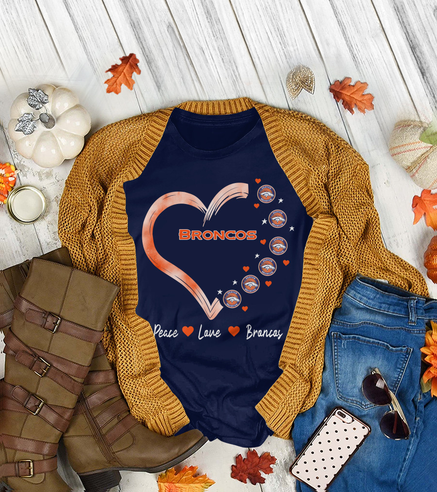 Peace Love Broncos Heart With Denver Broncos Logos And Stars T-Shirt