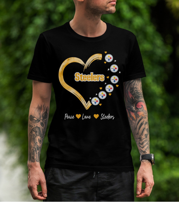 Peace Love Steelers Heart Filled With Pittsburgh Steelers Logos And Stars T-Shirt
