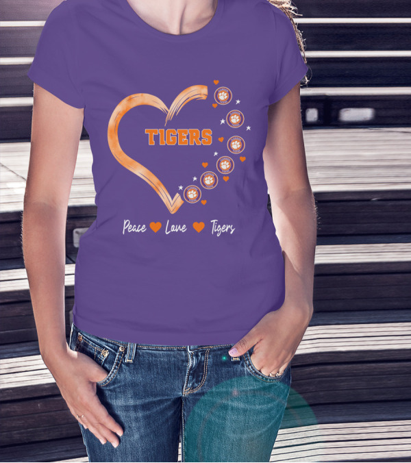 Peace Love Clemson Football Tigers Heart Paw Prints T-Shirt