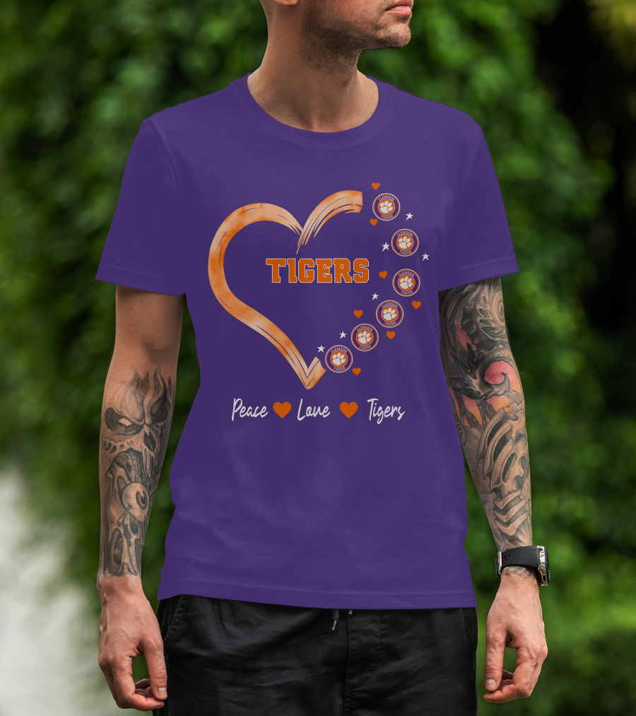 Peace Love Clemson Football Tigers Heart Paw Prints T-Shirt