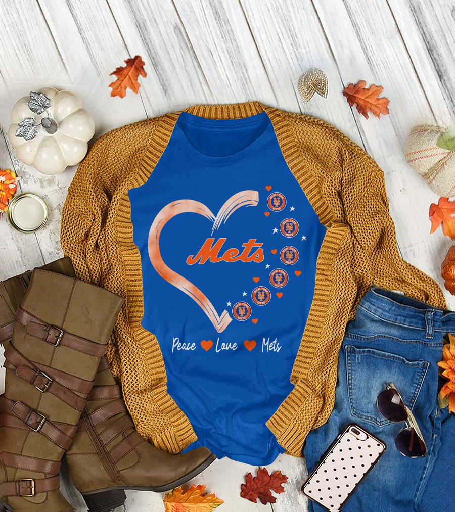 Peace Love Mets New York Mets Logos Hearts T-Shirt