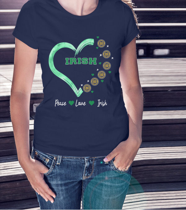 Peace Love Irish Notre Dame Fighting Irish Logos And Heart T-Shirt