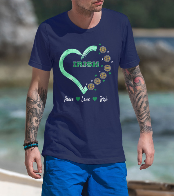 Peace Love Irish Notre Dame Fighting Irish Logos And Heart T-Shirt