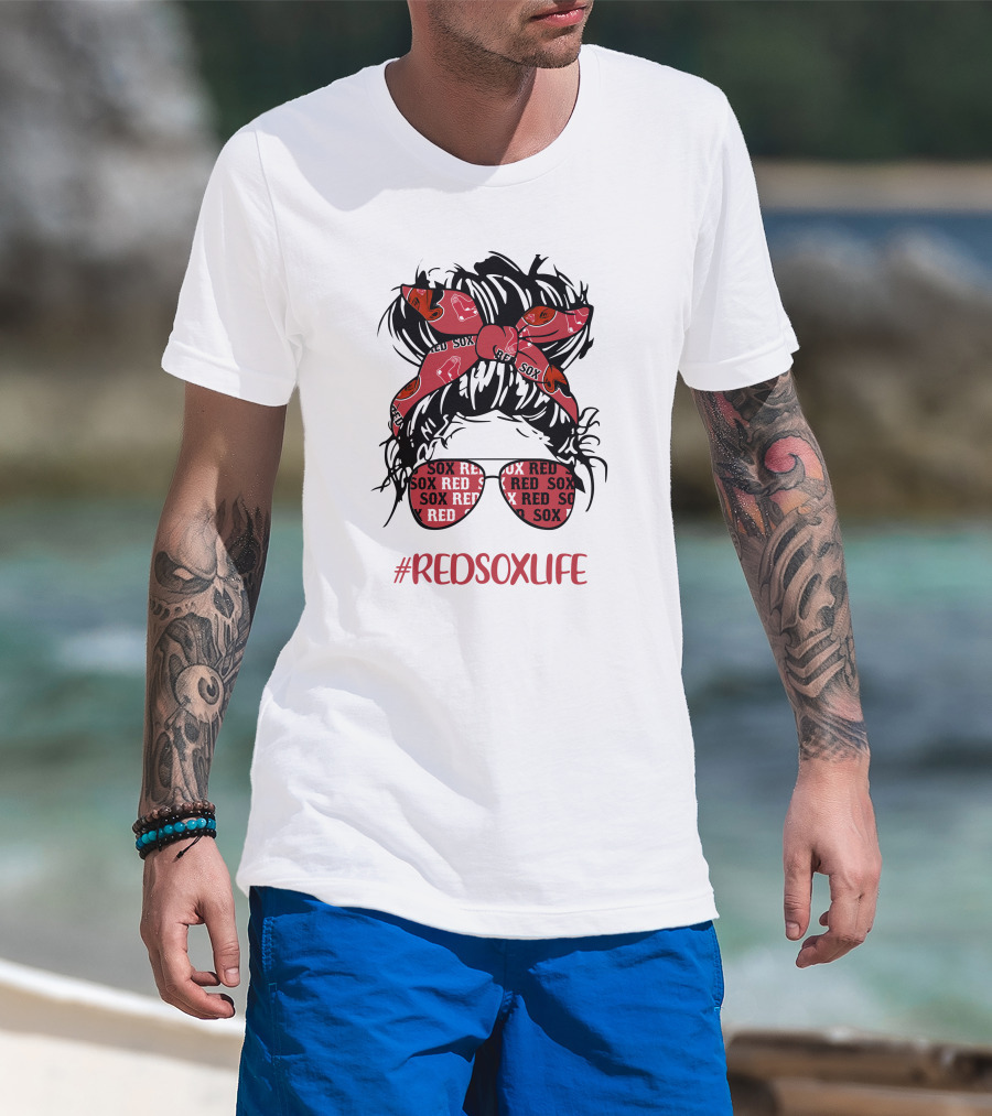 Boston Red Sox Messy Bun Girl With Headband Glasses #Redsoxlife T-Shirt