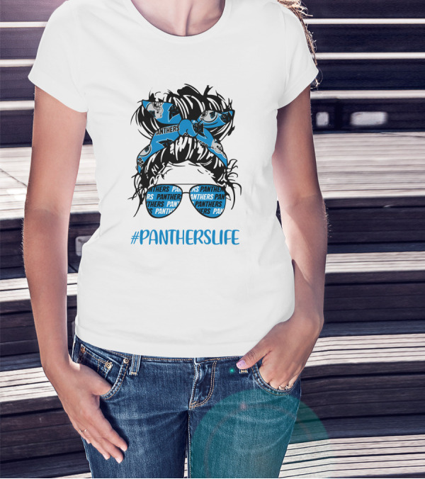 PanthersLife Messy Bun Girl With Panthers Headband And Glasses T-Shirt