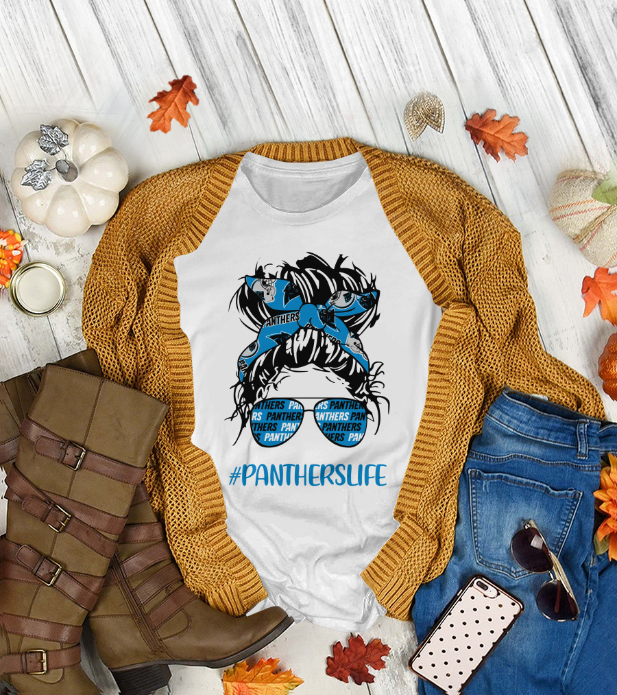 PanthersLife Messy Bun Girl with Panthers Headband and Glasses T-Shirt