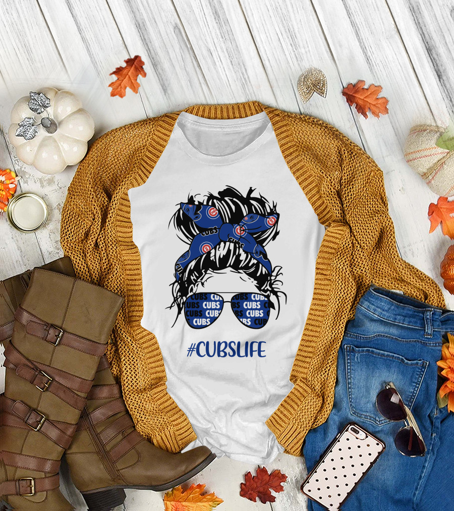Chicago Cubs Messy Bun Girl Headband Glasses #CUBSLIFE T-Shirt