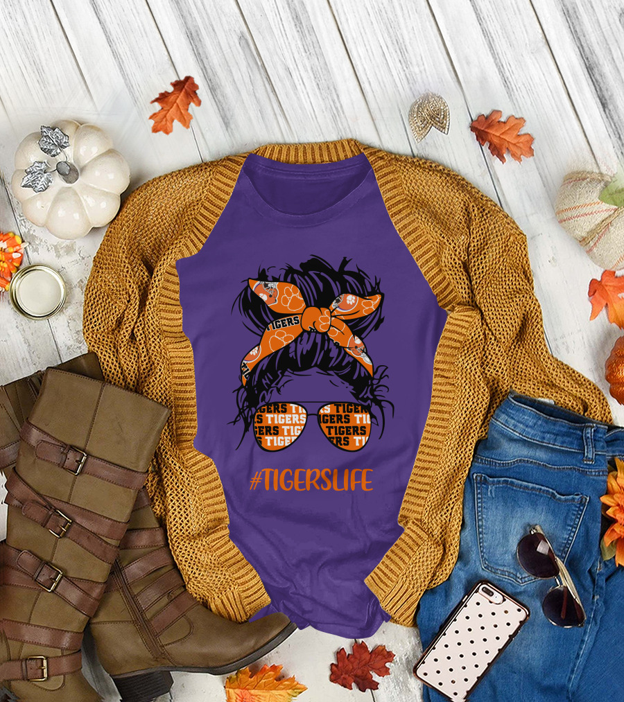 TigersLife Clemson Tigers Messy Bun Girl With Headband And Glasses T-Shirt