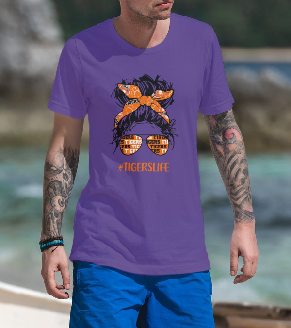 TigersLife Clemson Tigers Messy Bun Girl With Headband And Glasses T-Shirt