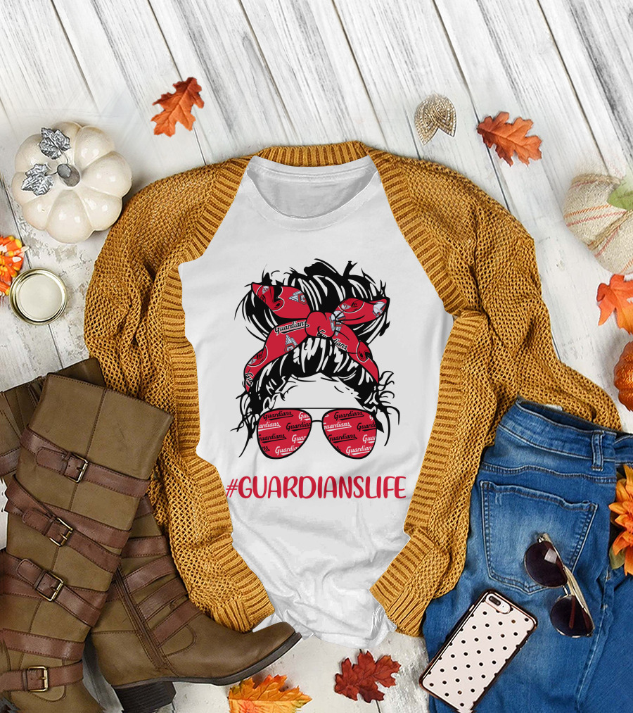 Cleveland Guardians Life Messy Bun Girl Headband Glasses #GuardiansLife T-Shirt