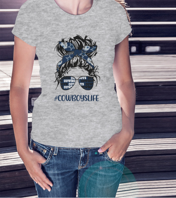 CowboysLife Messy Bun Girl Headband Glasses Dallas Cowboys T-Shirt
