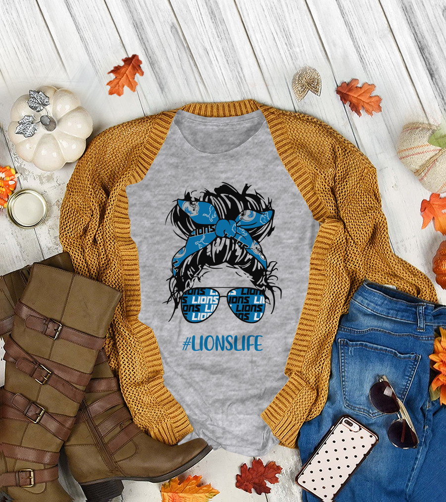 Detroit Lions Life Messy Bun Girl With Lions Headband and #LIONSLIFE Glasses T-Shirt