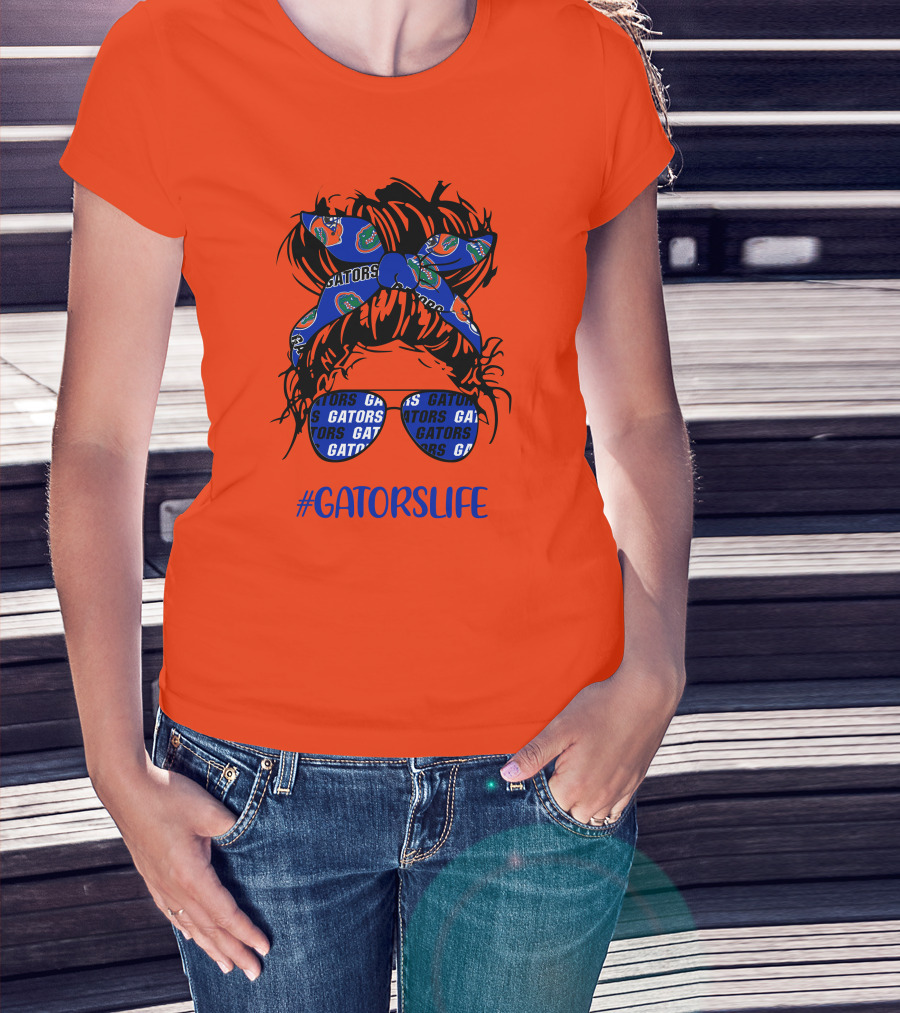 GATORS LIFE Messy Bun Girl With Gators Headband And Glasses T-Shirt