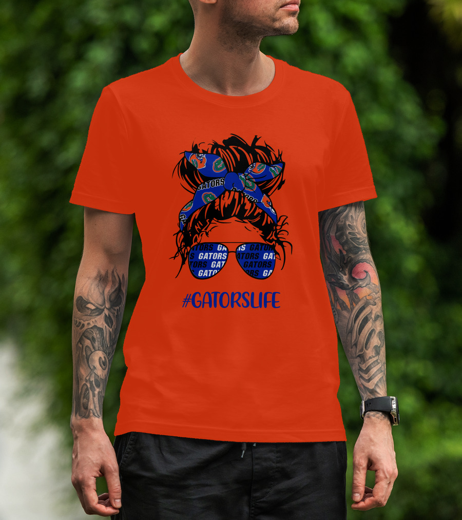 GATORS LIFE Messy Bun Girl With Gators Headband And Glasses T-Shirt