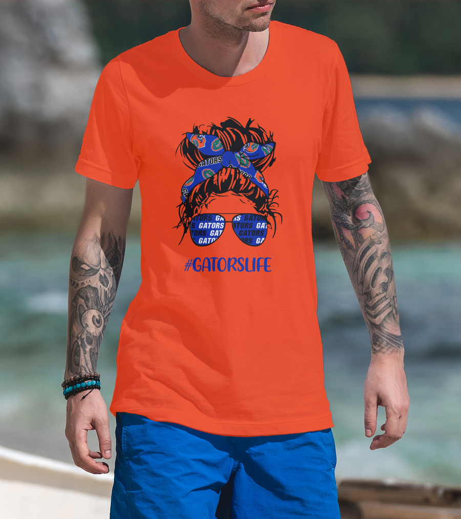 GATORS LIFE Messy Bun Girl With Gators Headband And Glasses T-Shirt