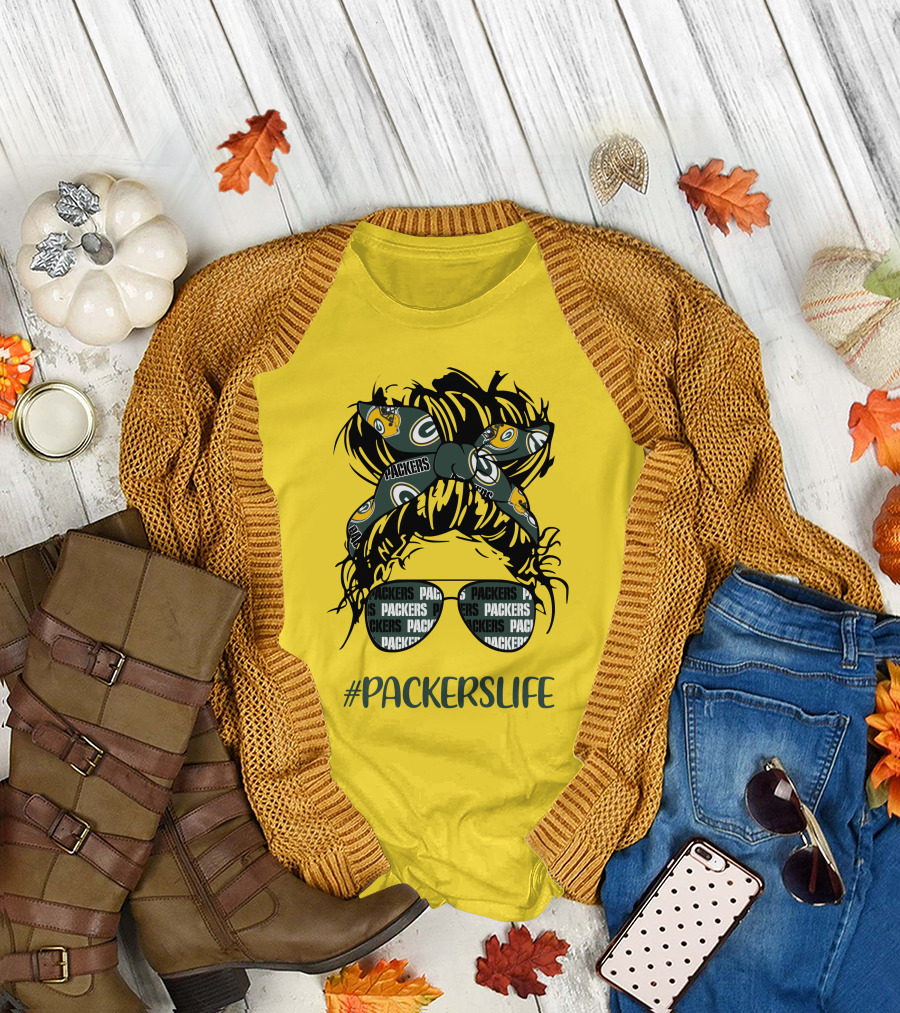 PACKERSLIFE Messy Bun Girl With Packers Headband And Glasses T-Shirt