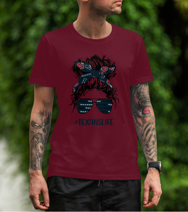Houston Texans Hashtag Texanslife Messy Bun Headband Glasses T-Shirt
