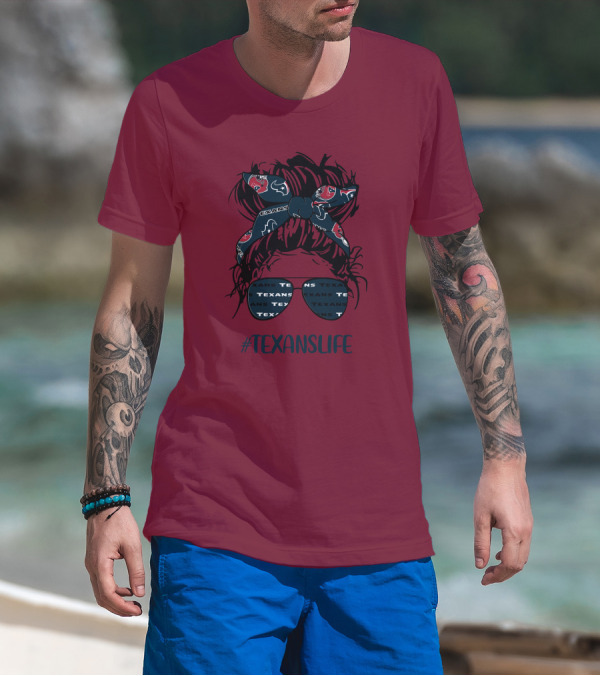 Houston Texans Hashtag Texanslife Messy Bun Headband Glasses T-Shirt