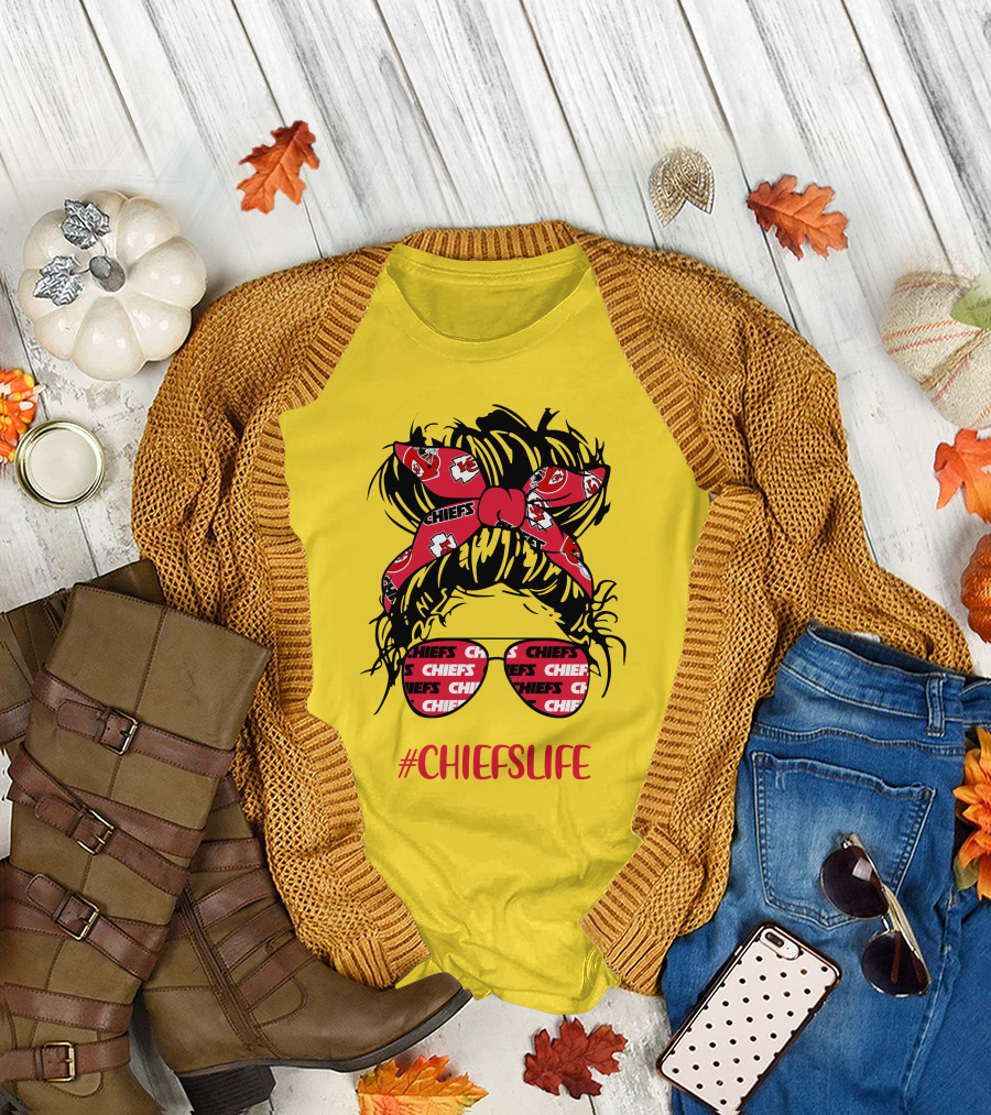 Kansas City Chiefs Life Messy Bun Girl With Chiefs Headband and CHIEFS Glasses T-Shirt