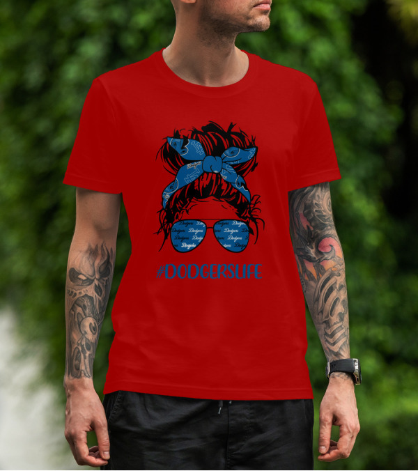 DODGERSLIFE Messy Bun Girl With Dodgers Headband And Glasses T-Shirt