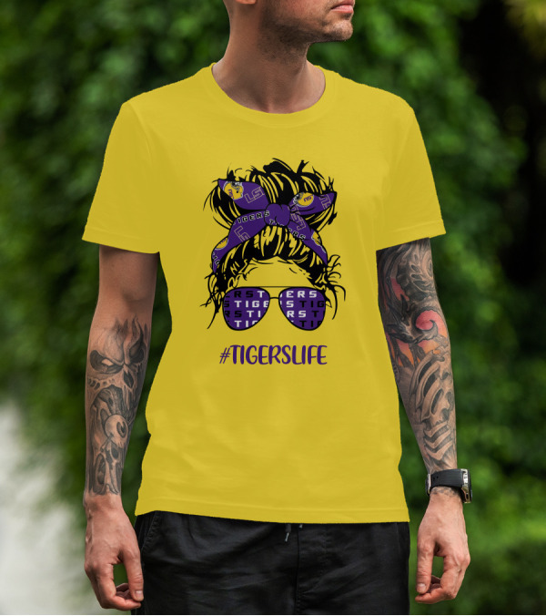 TIGERSLIFE LSU Messy Bun Girl Headband Glasses T-Shirt