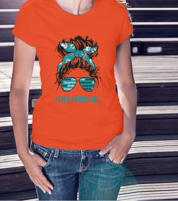 Miami Dolphins Life Messy Bun Girl Headband Glasses #DolphinsLife T-Shirt