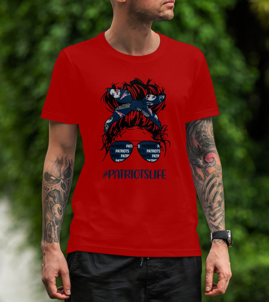 PATRIOTSLIFE New England Patriots Messy Bun Girl Headband Glasses T-Shirt