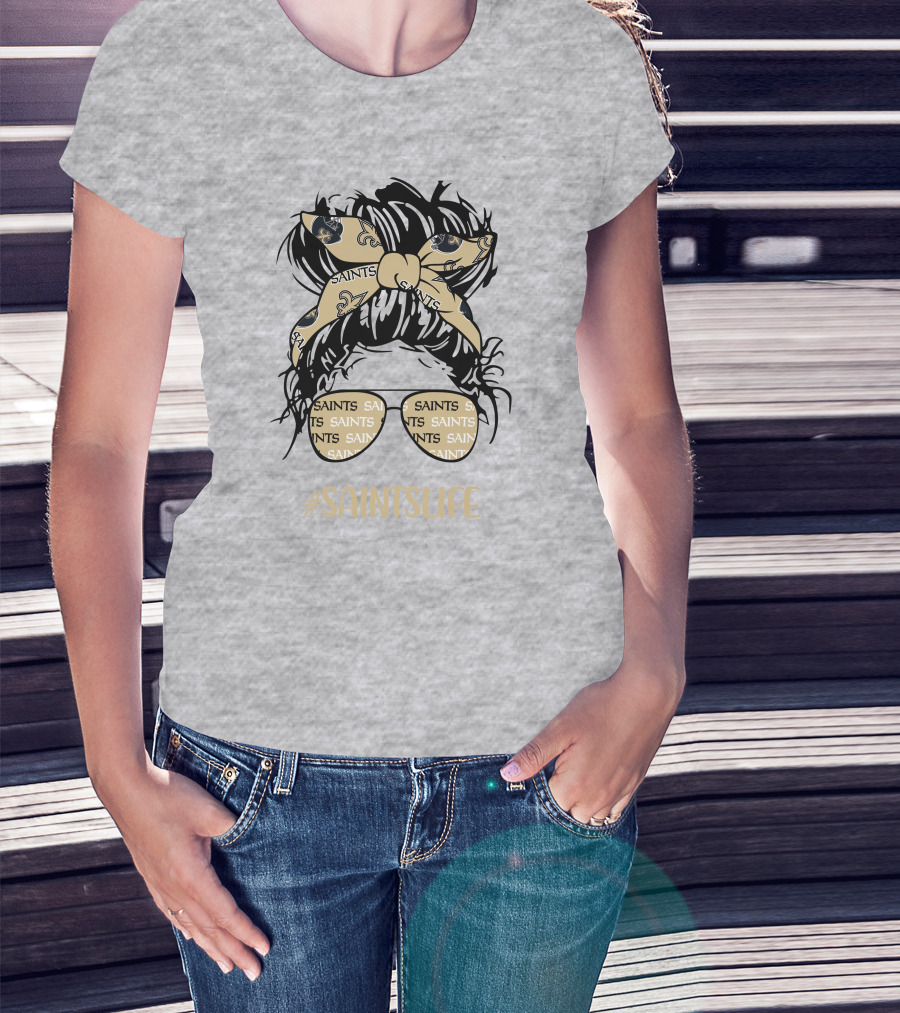 Messy Bun Girl With Saints Headband And Glasses #Saintslife T-Shirt