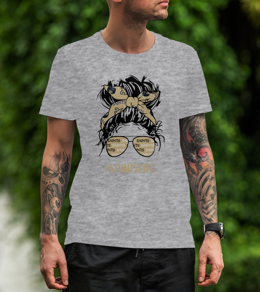 Messy Bun Girl With Saints Headband And Glasses #Saintslife T-Shirt