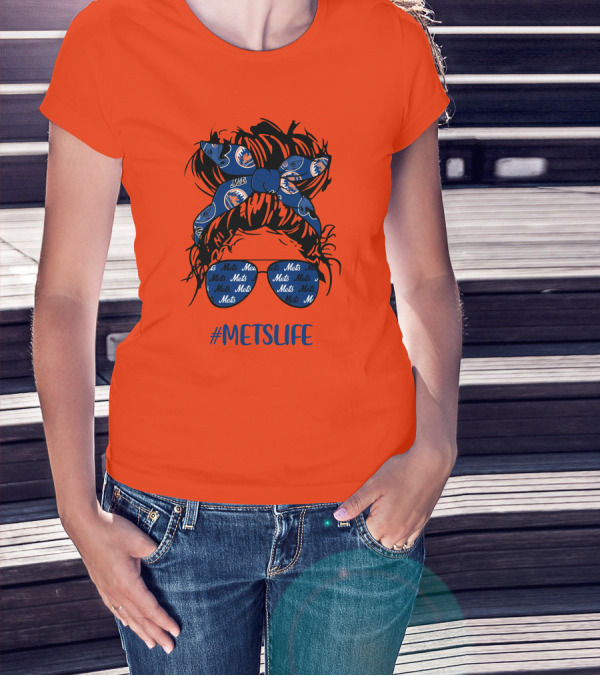 New York Mets Life Messy Bun Girl Headband Glasses #MetsLife T-Shirt