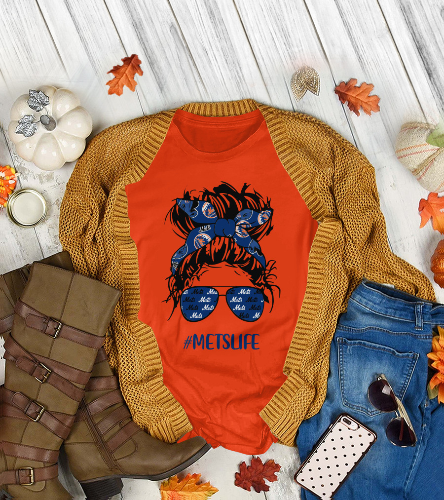 New York Mets Life Messy Bun Girl Headband Glasses #MetsLife T-Shirt