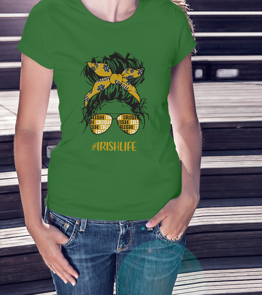 Notre Dame Fighting Irish Life Messy Bun Girl Headband Glasses #IrishLife T-Shirt