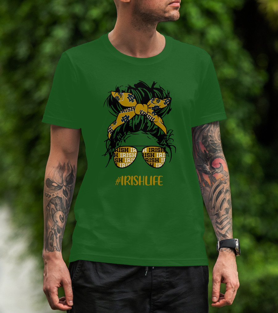 Notre Dame Fighting Irish Life Messy Bun Girl Headband Glasses #IrishLife T-Shirt