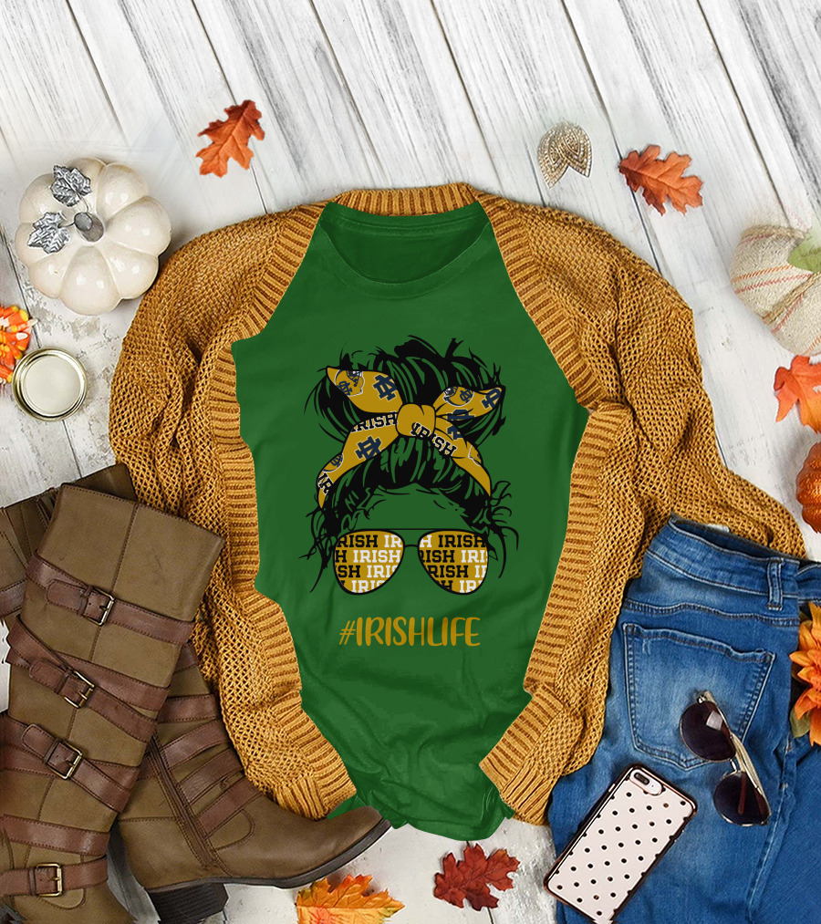 Notre Dame Fighting Irish Life Messy Bun Girl Headband Glasses #IrishLife T-Shirt