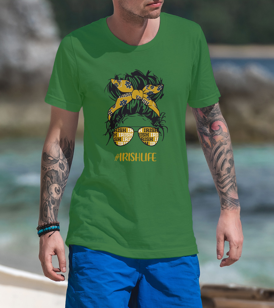 Notre Dame Fighting Irish Life Messy Bun Girl Headband Glasses #IrishLife T-Shirt