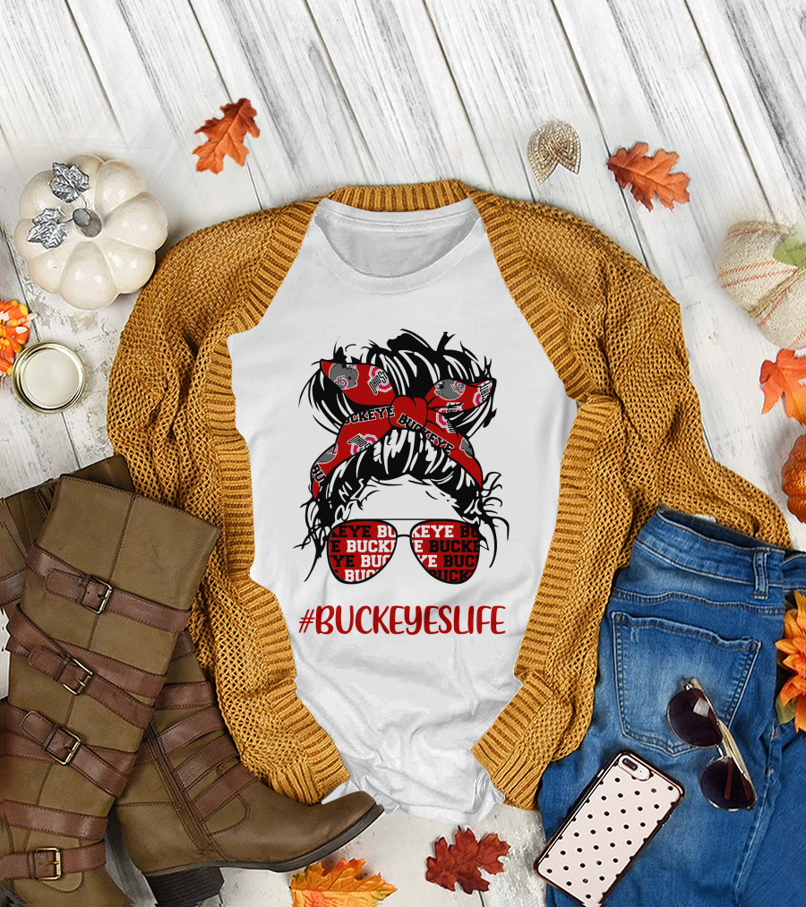 Ohio State Buckeyes Life Messy Bun Girl Headband Glasses #BUCKEYESLIFE T-Shirt