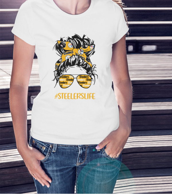 SteelersLife Messy Bun Girl With Steelers Headband And Glasses T-Shirt