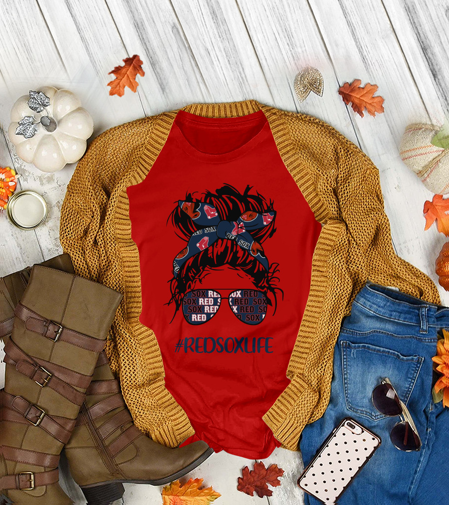 REDSOXLIFE Messy Bun Girl With Headband and Glasses T-Shirt