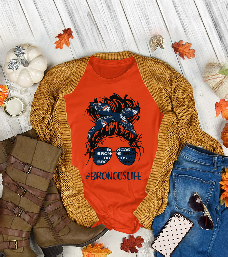 BroncosLife Messy Bun Girl With Broncos Headband And Glasses T-Shirt