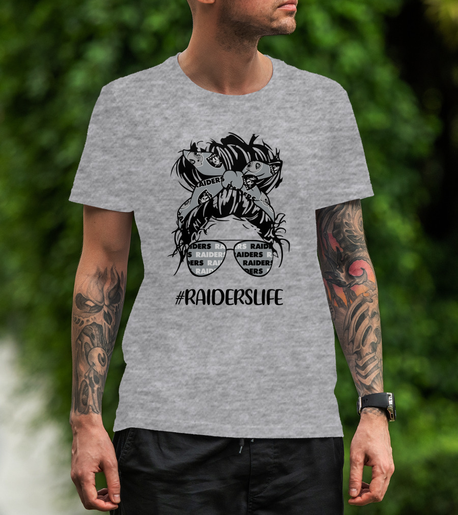 Raiderslife Messy Bun Girl With Raiders Headband Glasses Las Vegas Raiders T-Shirt