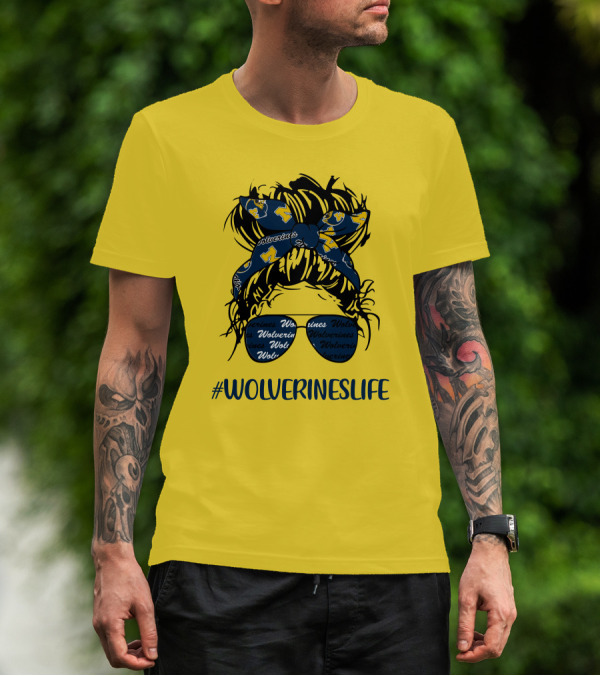 Michigan Wolverines Life Messy Bun Girl Headband Glasses Wolverines T-Shirt
