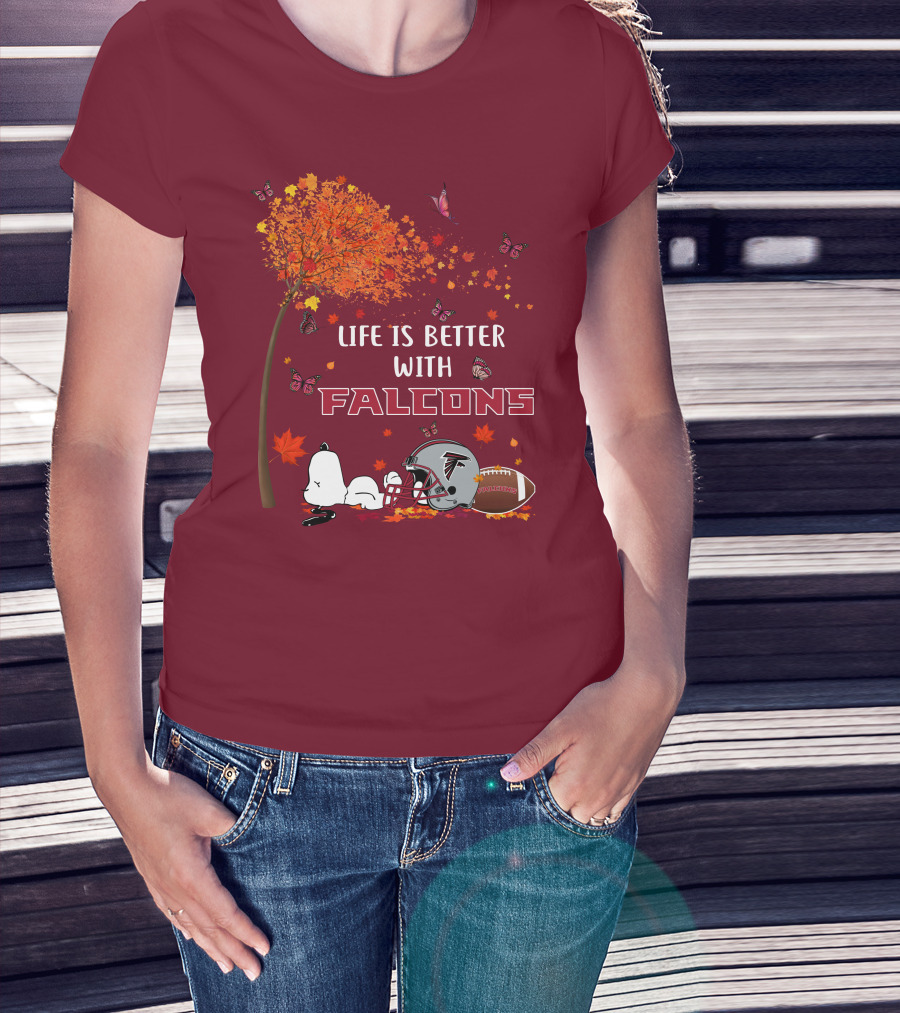 Life Is Better With Falcons Autumn Leaves Helmet Football Snoopy T-Shirt