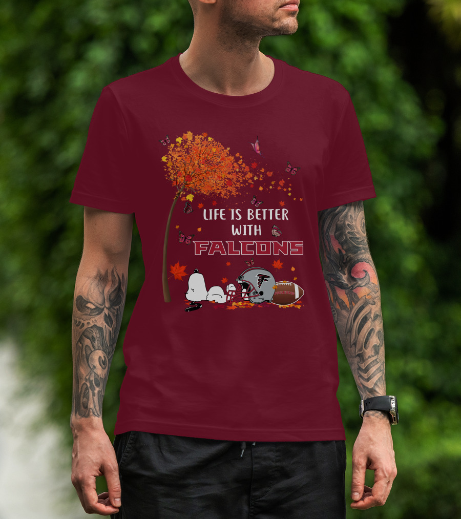 Life Is Better With Falcons Autumn Leaves Helmet Football Snoopy T-Shirt